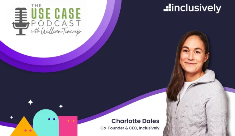 Inclusively CEO Charlotte Dales smiling and looking at the camera on a colorful background with Inclusively geometric shapes in the background