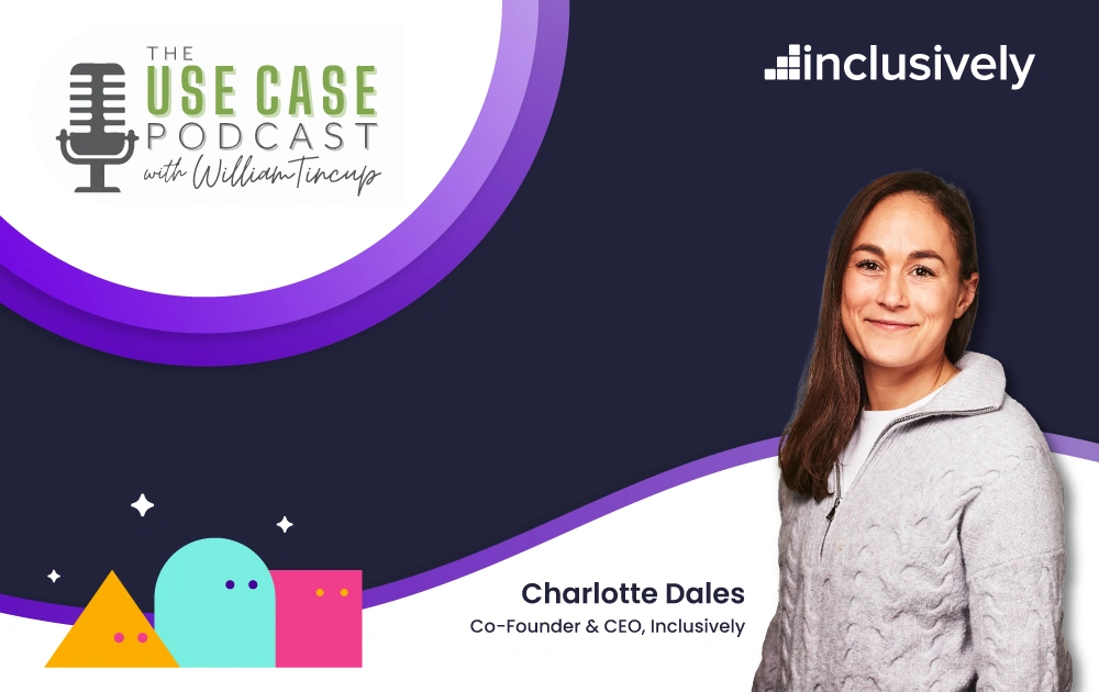 Inclusively CEO Charlotte Dales smiling and looking at the camera on a colorful background with Inclusively geometric shapes in the background