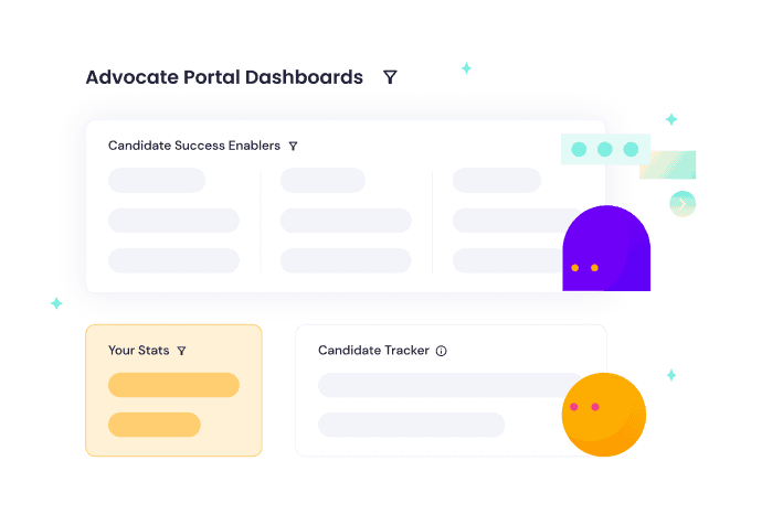 A pair of geometric illustrations with dashboard interface around them in the Advocate Portal Dashboards.