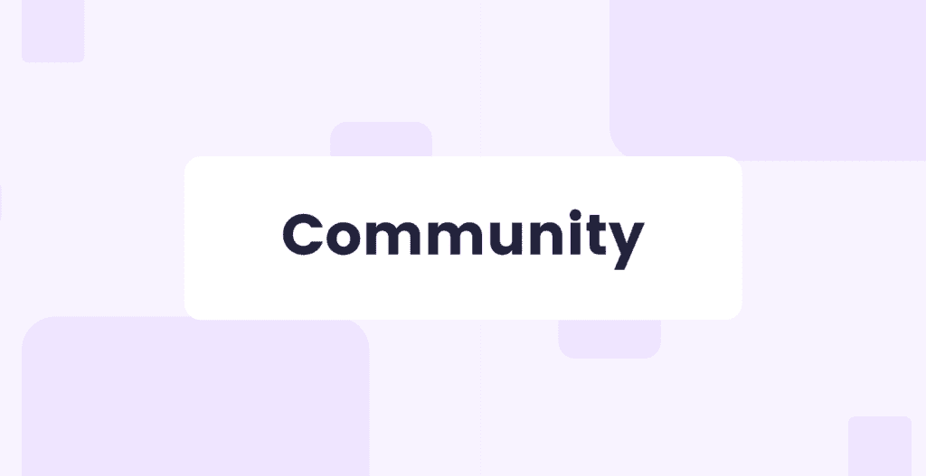 White and purple rectangles, with text saying Community