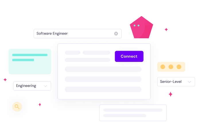 Illustrated colored shape next to a job search filters and Software Engineer job match result.