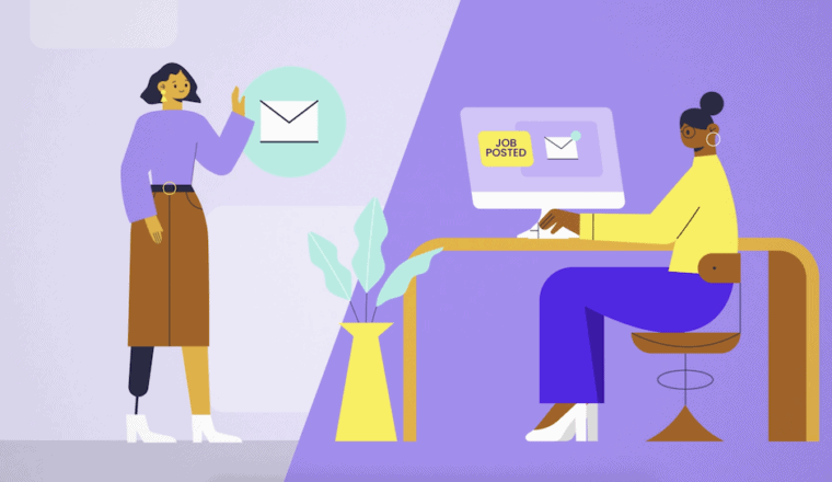 Woman on left standing next to envelope in circle, woman on left sitting at desk utilizing desktop