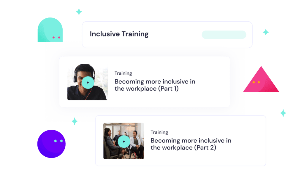 On a white background Inclusive Training in black text with colorful illlustrated shapes. Photo of a man wearing headphones next to a description of Training, Becoming more inclusive in the workplace (Part 1); Below is Training, Becoming more inclusive in the workplace (Part 2)