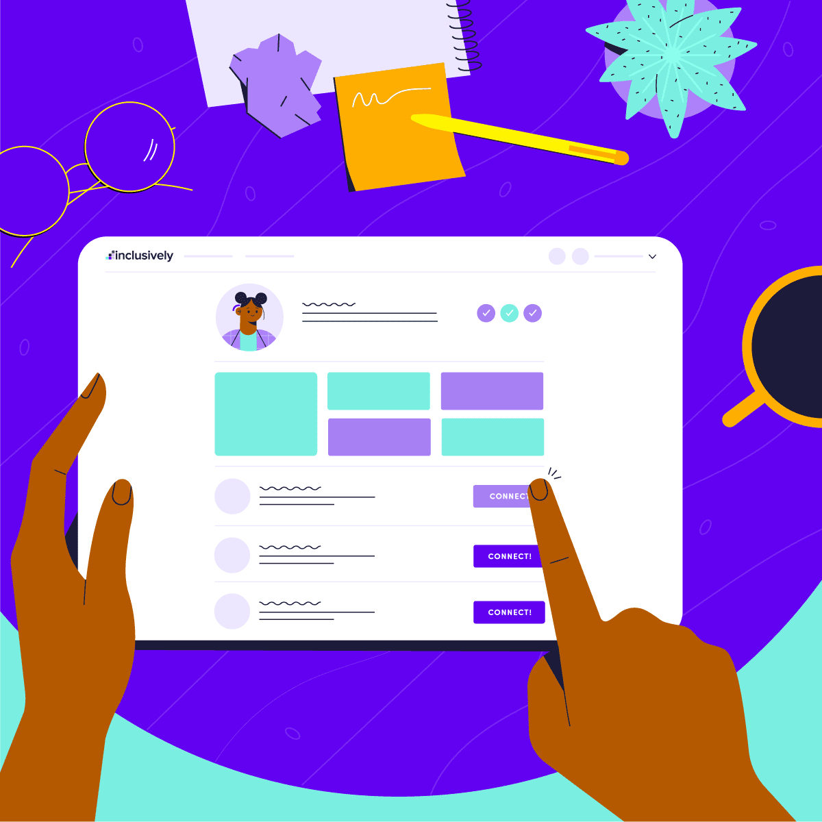 Illustration of a candidate using a tablet to connect with jobs on Inclusively, there is a small plant on the table along with glasses, a pencil and cup of coffee.