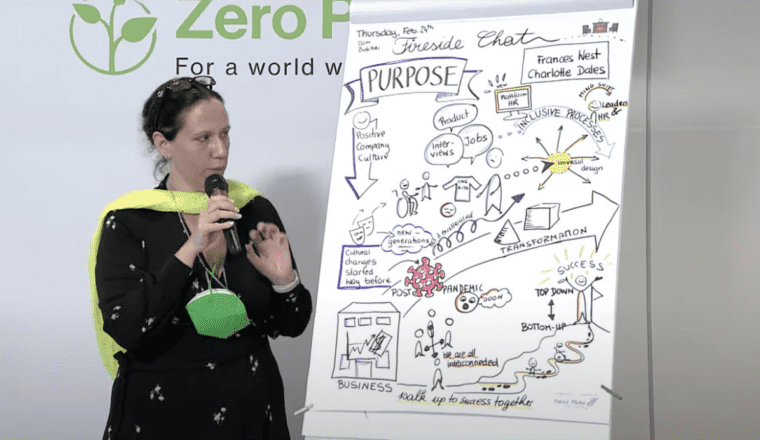 Woman standing, speaking into mic, with white board covered in illustrations