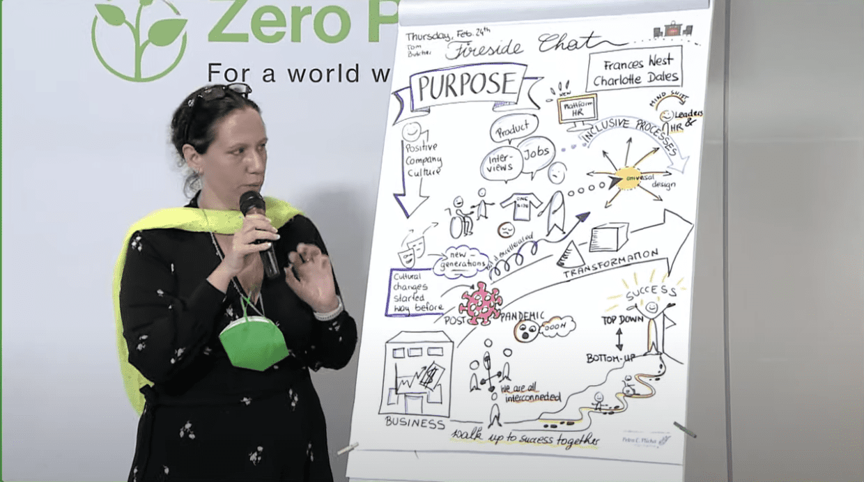 Woman standing, speaking into mic, with white board covered in illustrations