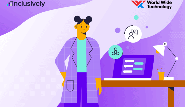 Purple background, graphic of woman standing at desk with laptop, lamp, and graphics above