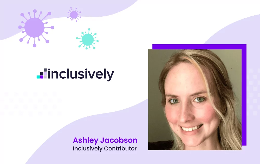 White background with light purple sections and the Inclusively logo with a professional headshot of Ashley, a white woman with blonde hair smiling at the camera with the words Ashley Jacobson, Inclusively Contributor