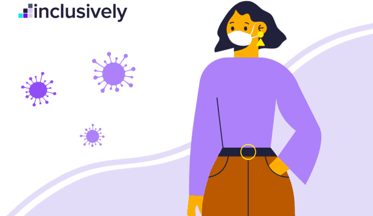 White and purple background with the Inclusively logo and an animated image of a woman with a mask on and a hand in her pocket