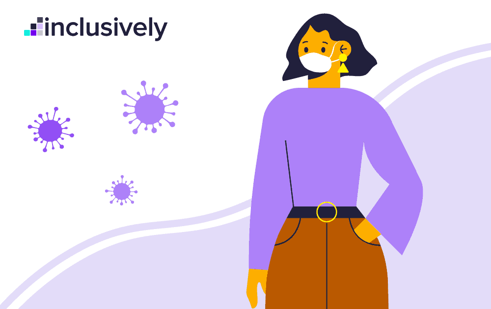 White and purple background with the Inclusively logo and an animated image of a woman with a mask on and a hand in her pocket