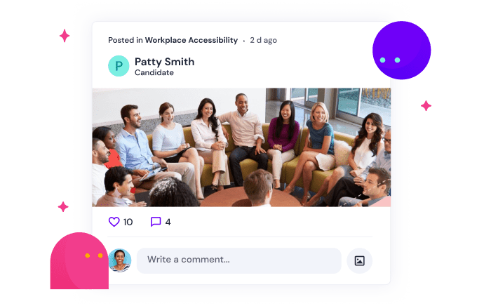 On a white background, the words Posted in Workplace Accessibility in black text with Patty Smith, Candidate. Below is an image of a group of coworkers sitting together on a couch.