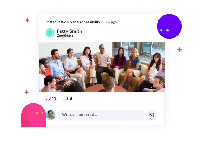 On a white background, the words Posted in Workplace Accessibility in black text with Patty Smith, Candidate. Below is an image of a group of coworkers sitting together on a couch.