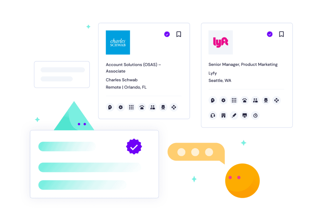 Job cards of inclusive employers job posts with success enablers included. The first is Charles Schwab' logo, Account Solutions Associate, Lyft, Senior Manager, Product Marketing with illustrated colorful shapes below.