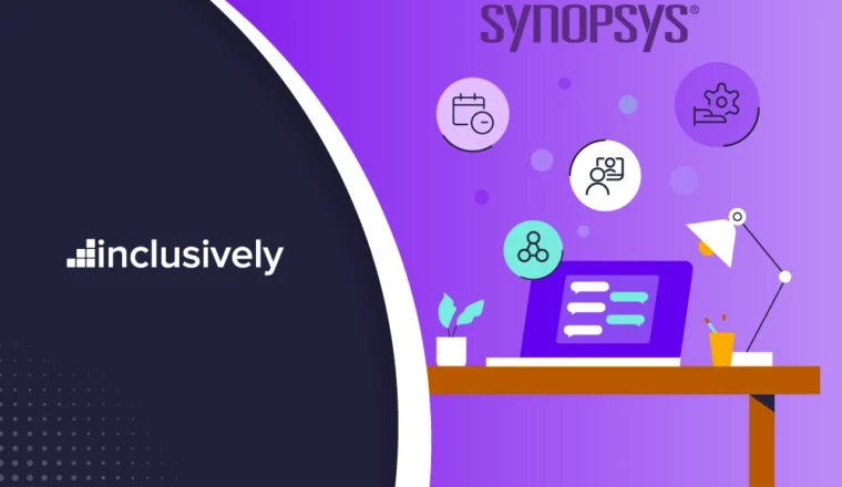 Navy and purple background with the Inclusively and the Synopsys logos. An illustrated image of a desk with a laptop and a lamp.