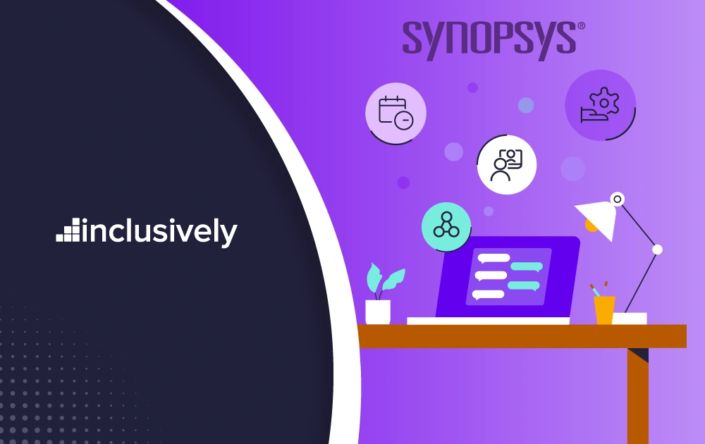 Navy and purple background with the Inclusively and the Synopsys logos. An illustrated image of a desk with a laptop and a lamp.