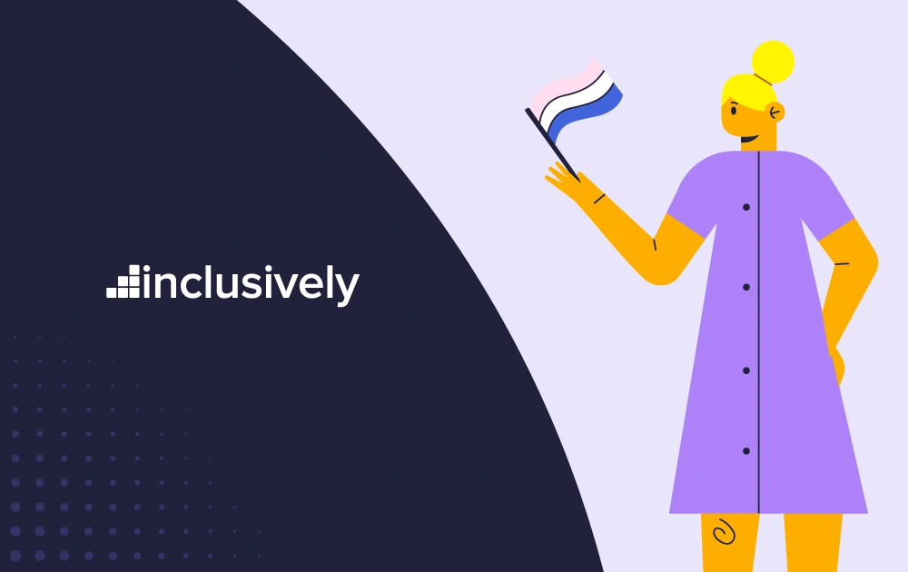 Navy blue and light purple background with an illustration of a transgender blonde woman holding a transgender pride flag.