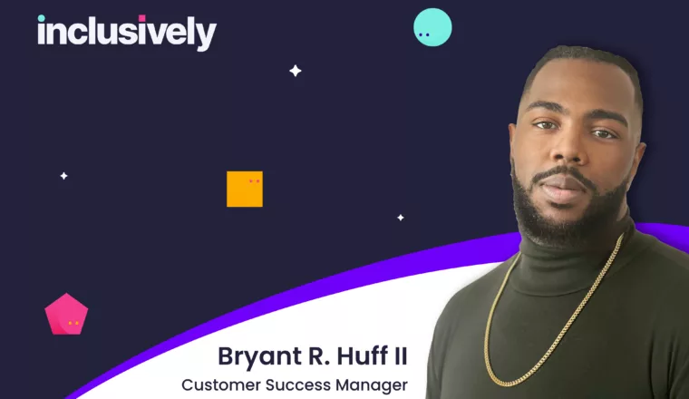 A picture of a Black man in a green sweater and gold chain on a blue background, with Inclusively geometric people shapes in the background