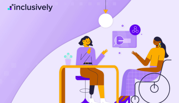 Graphic of two women talking, purple square, woman on right in wheelchair