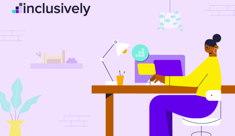 Light purple background with Inclusively logo and an animate image of a woman of color working at a desk.