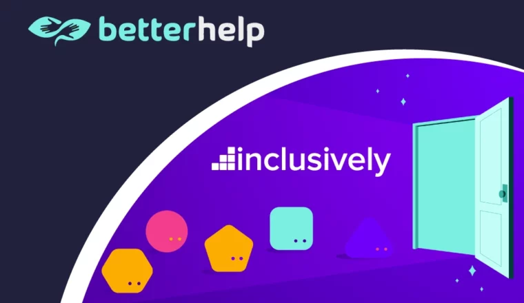 Colorful geometric shapes on a purple background make their way toward an open door representing inclusive employment opportunities