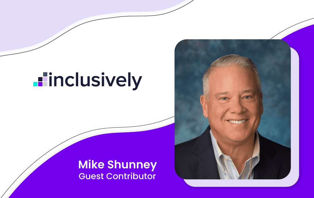 White, light purple and dark purple background with Inclusively logo and a professional headshot image of a man smiling with the words Mike Shunney Guest Contributor