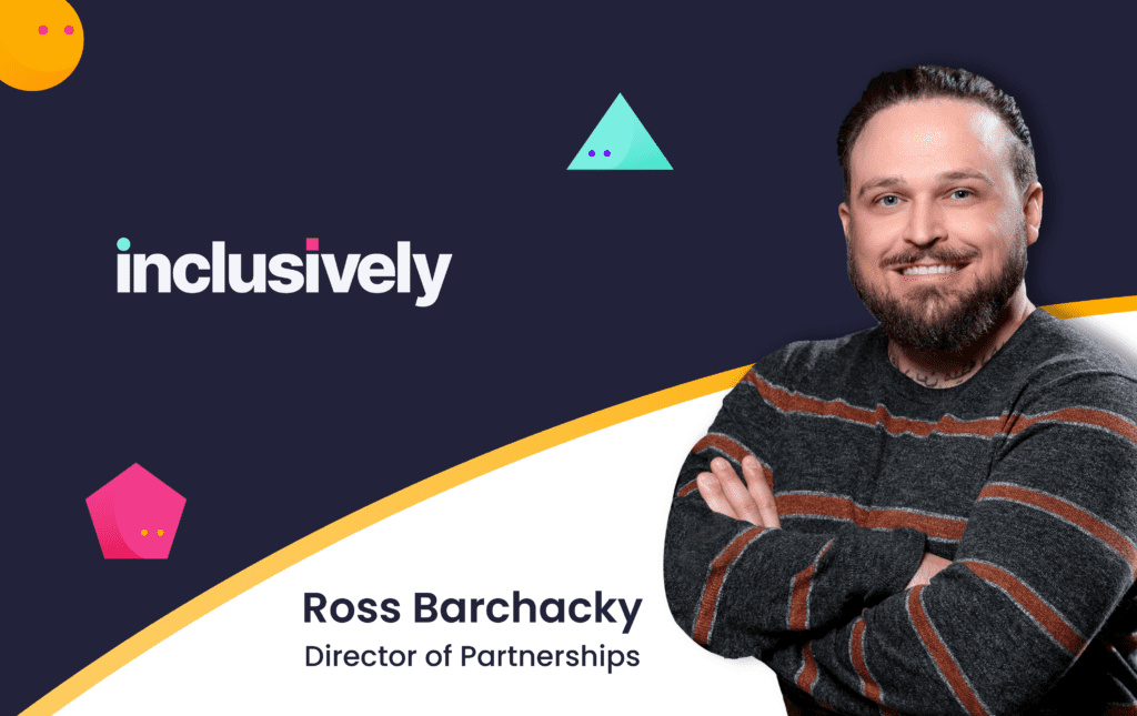 Navy blue and purple background with the Inclusively logo and an professional headshot of a smiling man with brown hair and a beard in a striped sweater.