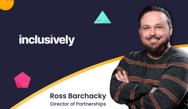 Navy blue and purple background with the Inclusively logo and an professional headshot of a smiling man with brown hair and a beard in a striped sweater.