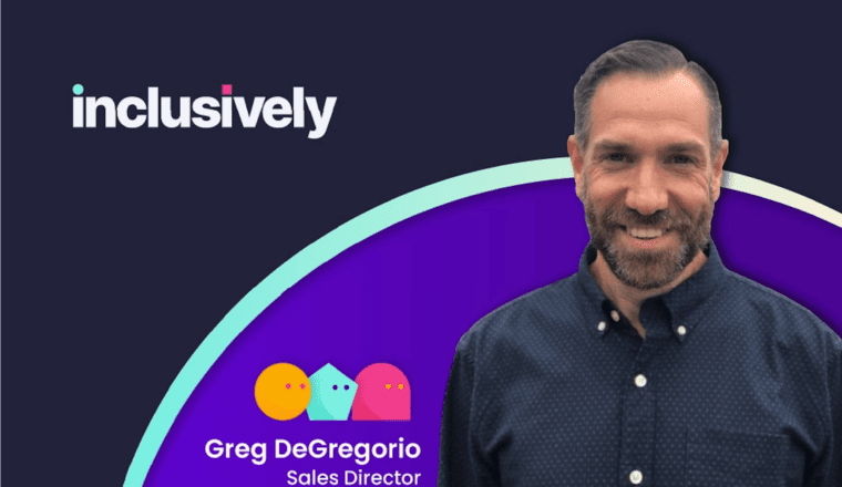 Navy and purple background with the words Greg DeGregorio, Sales Director, and the Inclusively logo and an illustration of three characters in a line looking to the right. White professional person with graying hair and facial hair is smiling and wearing a dark blue button down shirt