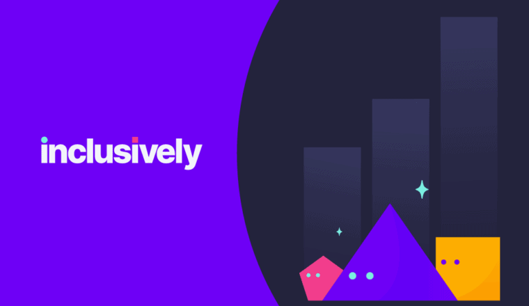 Purple and Navy background with the Inclusively logo in white. An illustration of three characters in primary shapes against a background of a bar chart increasing to the right.