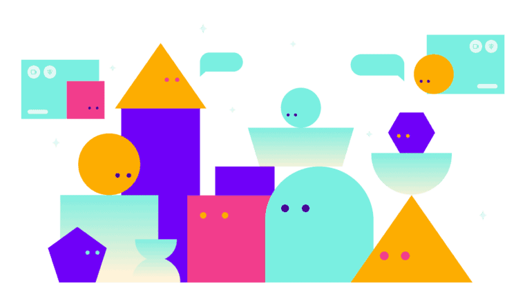 Group of colorful illustrations in different geometric shapes and sizes.