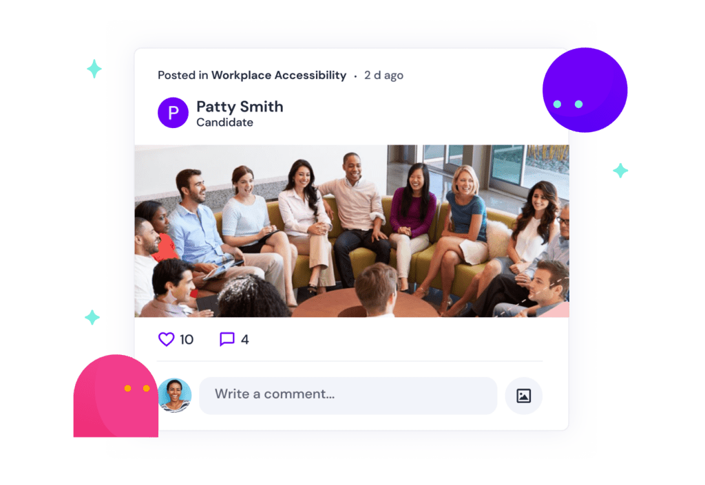 Community post in workplace accessibility by candidate Patty Smith. Below is a group of smiling multiethnic coworkers sitting on a couch in an office.