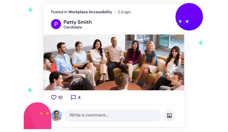 Community post in workplace accessibility by candidate Patty Smith. Below is a group of smiling multiethnic coworkers sitting on a couch in an office.