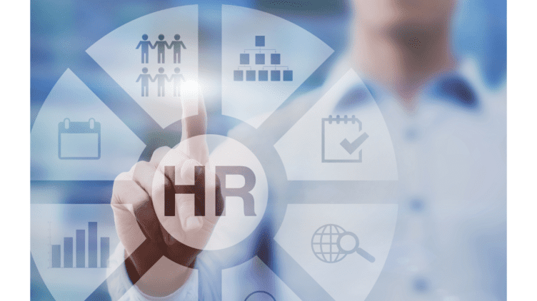 Person pointing to the word HR on a screen.
