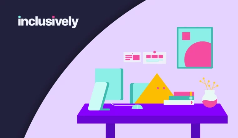 Inclusively logo, a yellow triangle illustration works at a desk.