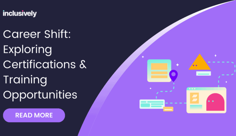 On a navy blue background, Career Shift: Exploring Certifications & Training Opportunities in white and a pink Learn More button below. On the right, a colorful illustration of a yellow geometric triangle connecting to messages in-platform.