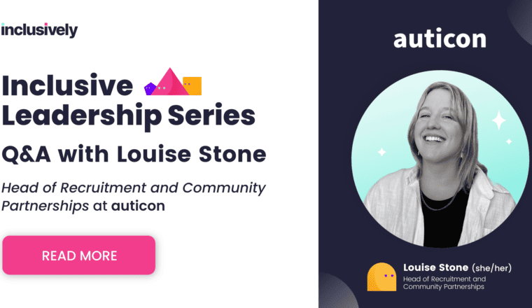 On a white background, Inclusive Leadership Series, Q&A with Louise Stone, Head of Recruitment and Community Partnerships at auticon. On the right, Louise, a white woman with shoulder length blonde hair smiling in a black shirt with a white overshirt.