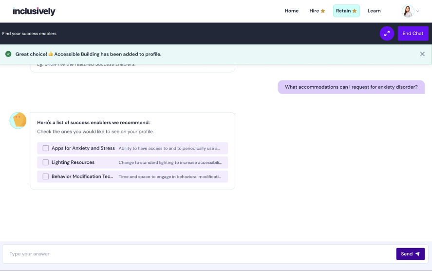 Our Chatbot: In-platform view of Inclusively's Retain solution with Success Enabler chatbot.